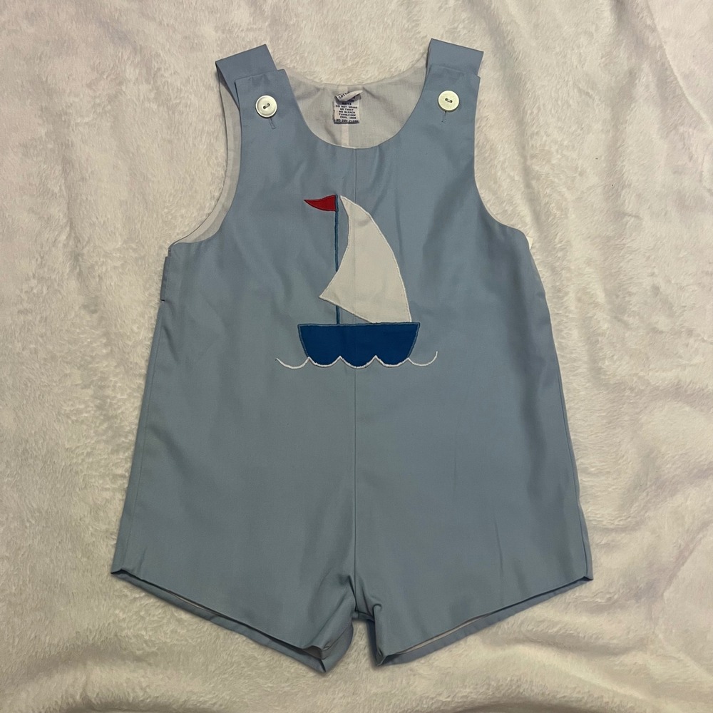 Vintage ? Samara 4T Light Blue Sailboat Applique Jon Jon Romper Boys
